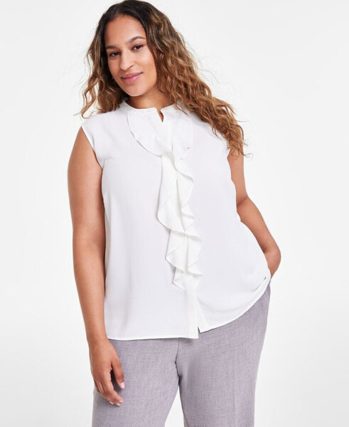 Plus Size Ruffled-Front Button-Down Sleeveless Blouse