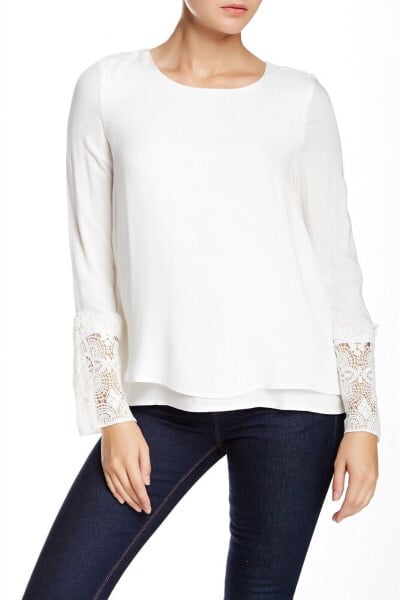 Harlowe & Graham Womens Long Sleeve Crochet Cuff Blouse White Size Small