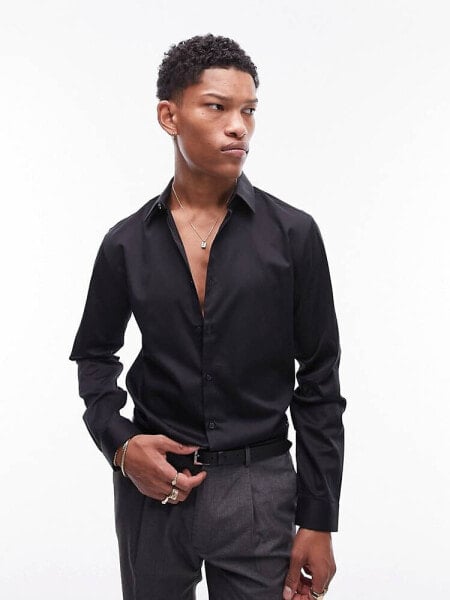 Topman long sleeve sateen shirt in black