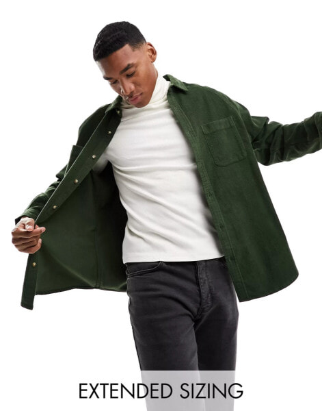 ASOS DESIGN 90 oversized raglan sleeve cord shirt in dark green