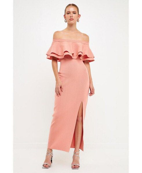 Women's Off the Shoulder Ruffle Maxi Dress with Leg Slit