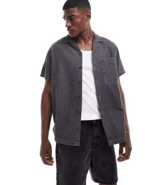 ASOS DESIGN relaxed revere denim shirt in washed black