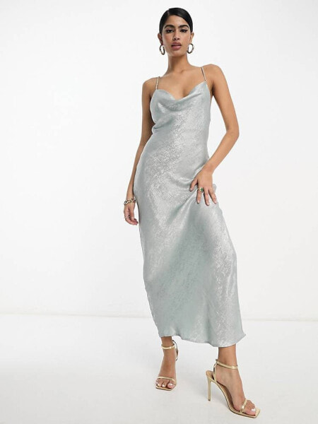 Vila glam lace up back cami maxi dress in shimmer silver