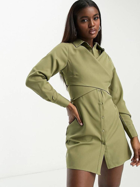 In The Style wrap detail mini shirt dress in khaki