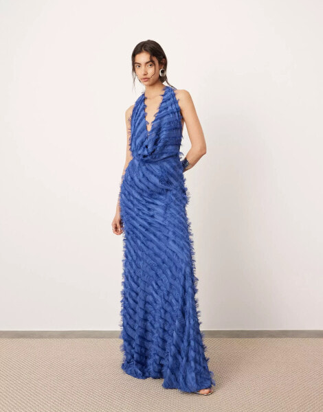 ASOS EDITION textured statement cowl neck maxi dress in blue