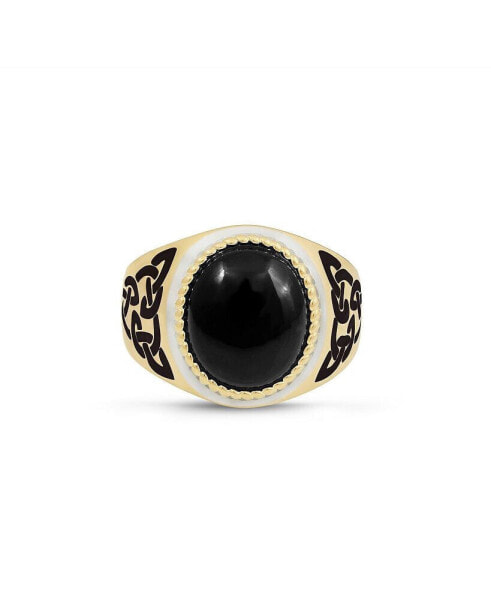 Black Onyx Gemstone Yellow Gold Plated and Enamel Sterling Silver Men Signet Ring