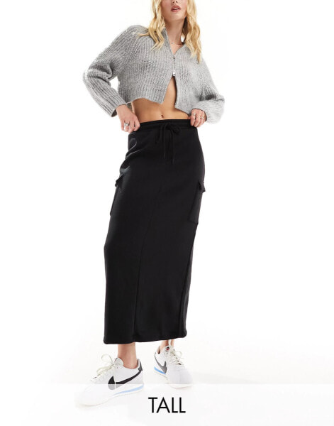 Pieces Tall sweat jersey cargo midi skirt in black