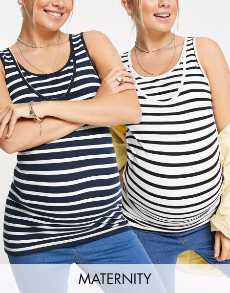 Mamalicious Maternity – Still-Trägershirts mit verschiedenen Streifendesigns im 2er-Pack