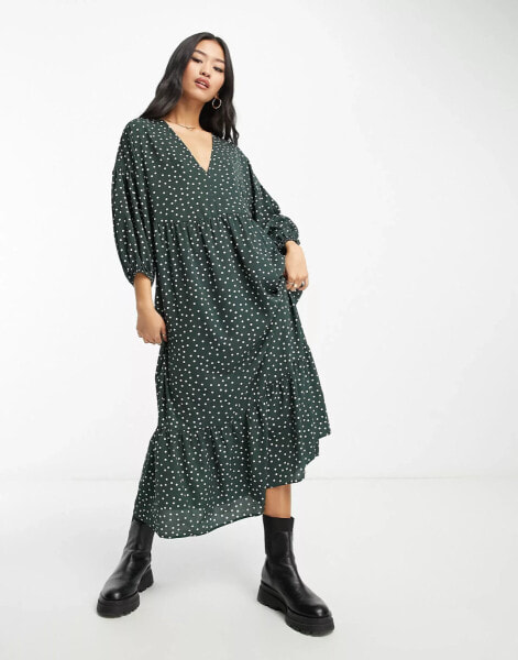 ASOS DESIGN chuck on smock midi dress in bottle green spot