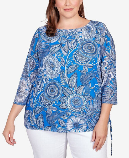 Plus Size Ballet Neck Hummingbird Garden Printed Mesh Top