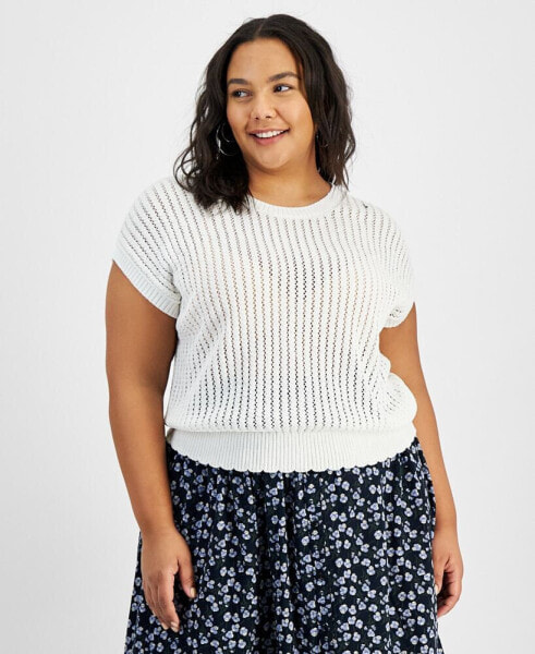 Trendy Plus Size Short-Sleeve Crocheted Sweater
