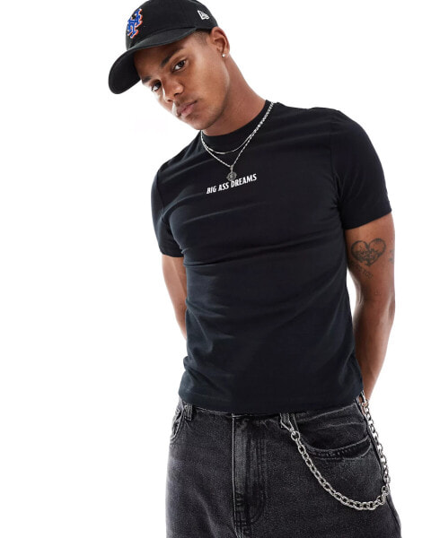 ASOS DESIGN shrunken muscle fit t-shirt in black with slogan chest print