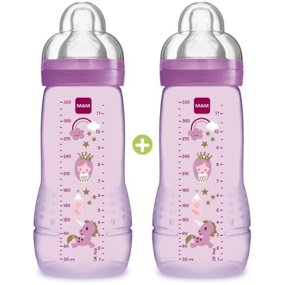 Набор из 2 детских бутылочек MAM по 330 мл. Соска с отверстием Х. Единорог, фиолетовый.