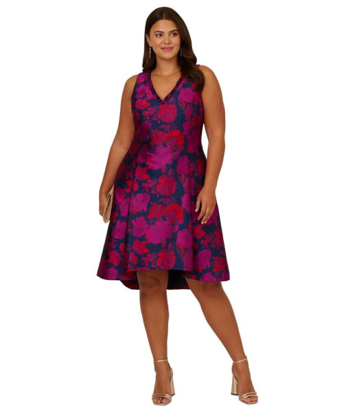 Plus Size Floral Jacquard High-Low-Hem Dress