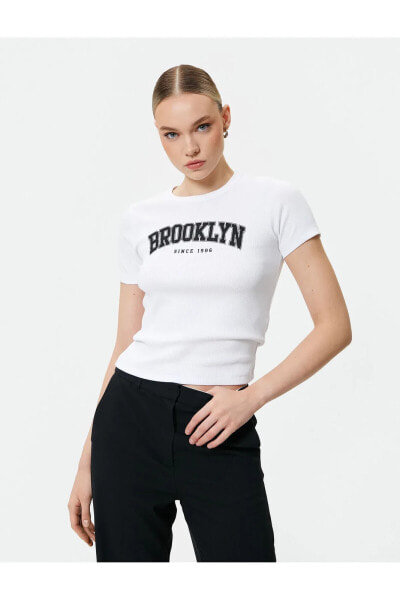 Brooklyn Baskılı Tişört Slim Fit Kısa Kollu Bisiklet Yaka Pamuklu