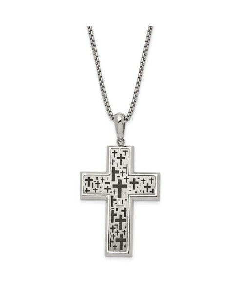 Chisel brushed and Laser cut Black IP-plated Cross Pendant Box Chain Necklace