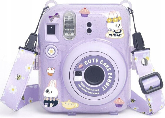 Pokrowiec LoveInstant Futerał Etui Pokrowiec Case do FujiFilm Fuji INSTAX Mini 12 + Naklejki i Kieszeń na Zdjęcia / Słodki Królik / Fioletowy Brokat