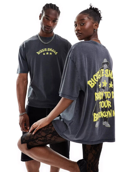 ASOS DESIGN unisex oversized t-shirt in washed black with Biggie Smalls puff print