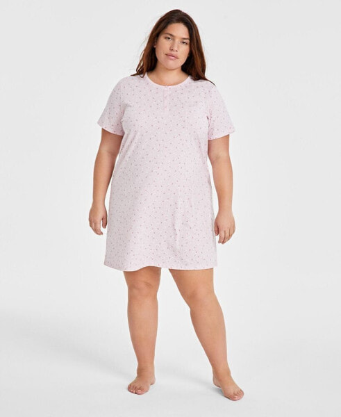 Plus Size Cotton Ditsy Floral Henley Sleepshirt, Created for Macy's