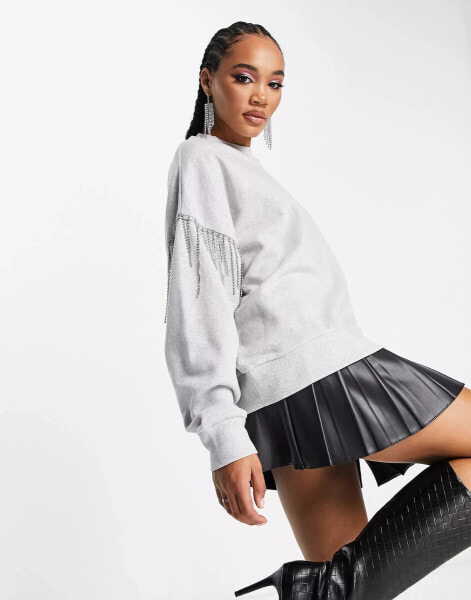 ASOS DESIGN oversized sweatshirt with diamante fringing in grey marl