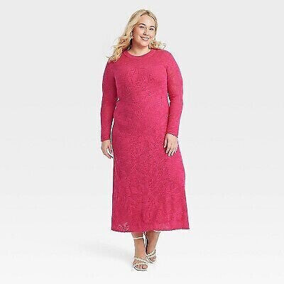 Women's Long Sleeve Maxi Pointelle Dress - A New Day Pink XXL