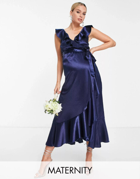 Little Mistress Maternity – Gerüschtes Wickelkleid in Marineblau