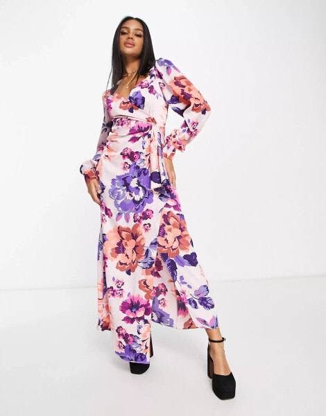 Liquorish satin maxi dress in overscale floral print