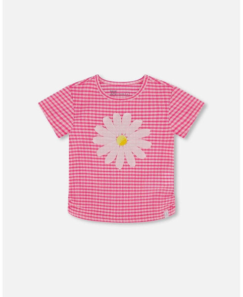 Girl Crinkle Jersey Top With Flower Applique Vichy Pink - Child