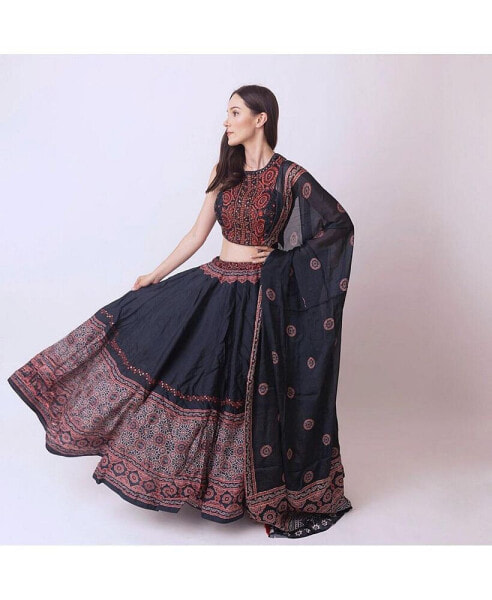 Women's Black Lehenga with Ajrakh Print on the Hem and Hand Embroidered Blouse