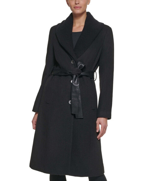 DKNY Women's Knit-Collar Belted Wrap Coat Black S