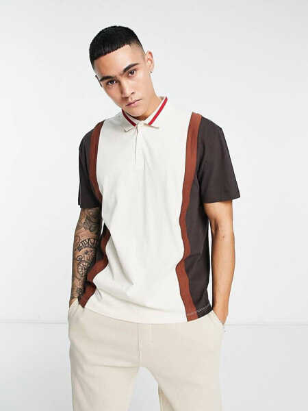 ASOS DESIGN relaxed polo shirt in burgundy colour block with retro collar