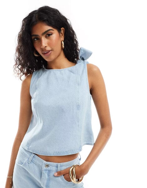 ASOS DESIGN denim bow shoulder top in mid blue