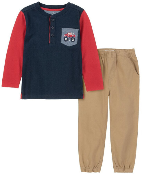 Little Boys Long Sleeve Colorblock Henley T-shirt and Twill Joggers, 2 Piece Set
