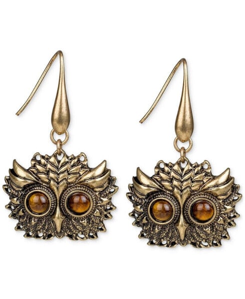 Gold-Tone Tiger's Eye Owl Head Drop Earrings