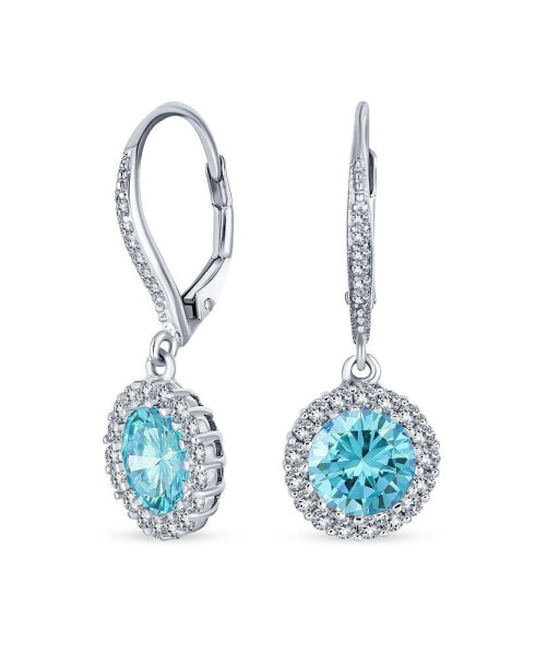 3CT Aqua Blue Round Solitaire Halo CZ Lever back Dangle Earrings Simulated Aquamarine Cubic Zirconia .925 Sterling Silver