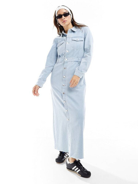 Vero Moda long sleeve denim buttondown maxi dress in blue denim