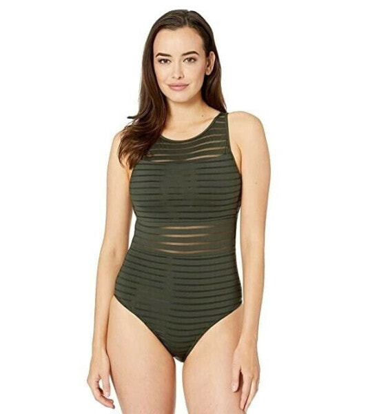 Jets 183698 Womens Swimwear Parallels High Neck One-piece Striped Khaki Size 6