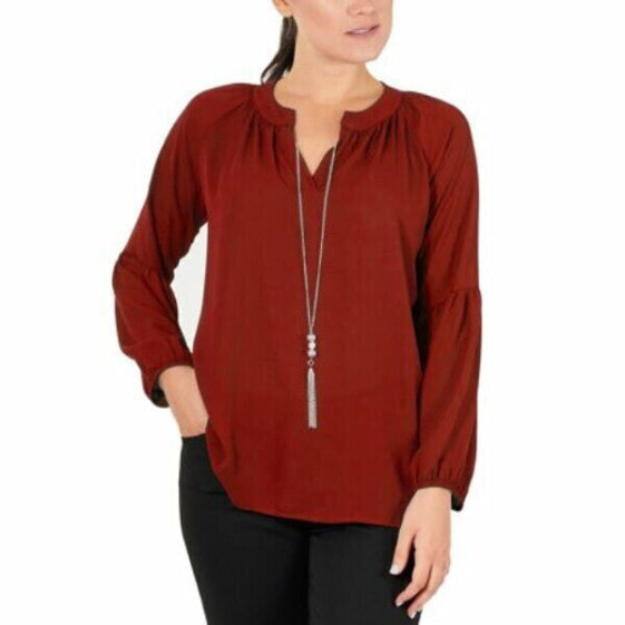 NY Collection Women's Petite Balloon Sleeve Split Neck Necklace Blouse Red PS