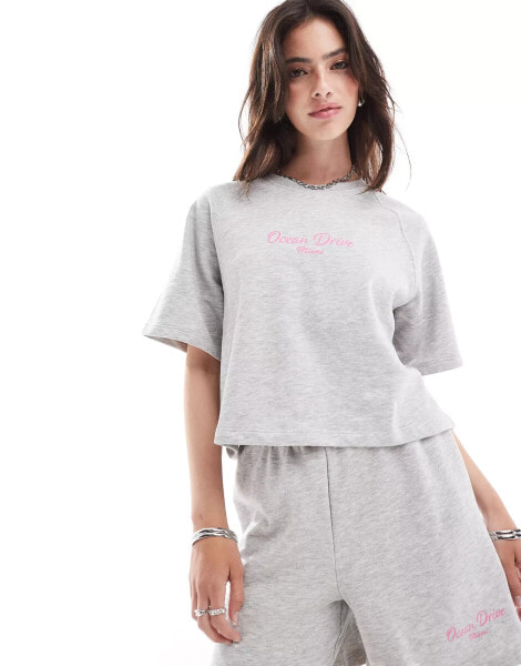 ONLY Miami print boxy short sleeve sweat top co-ord in light grey