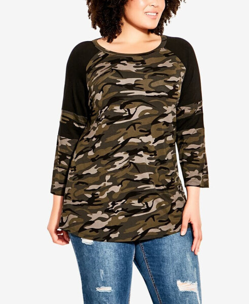 Plus Size Splice Sleeve Print Long Sleeve Top