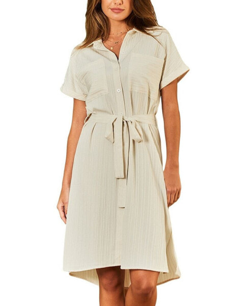 Women's Beige Short Sleeve Side Slit Maxi Shirt Beach Dress