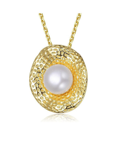 Sterling Silver 14K Gold Plated with Genuine Freshwater Pearl Hammered Pendant Necklace