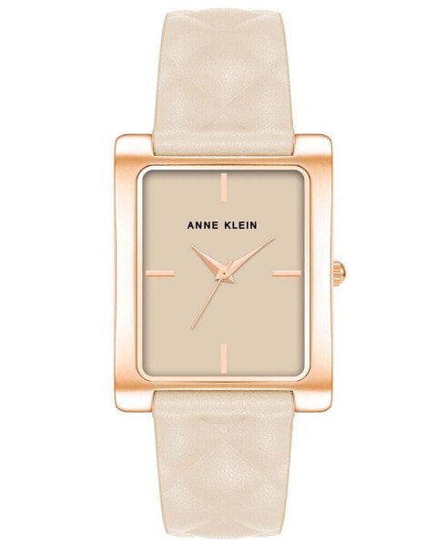 Women's Three Hand Quartz Rectangular Rose Gold-Tone Alloy and Ivory Genuine Leather Strap Watch, 32mm