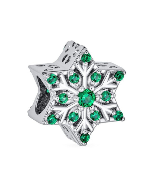 Frozen Winter Holiday Party Christmas Green Crystals Snowflake Bead CZ Charm For Women Sterling Silver For European Bracelet