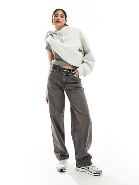 Weekday Rail mid waist loose fit straight leg jeans in clay grey