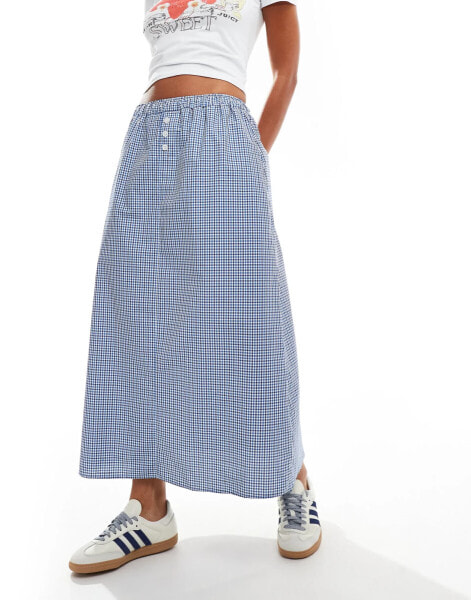 ASOS DESIGN boxer detail midi skirt in check in blue check