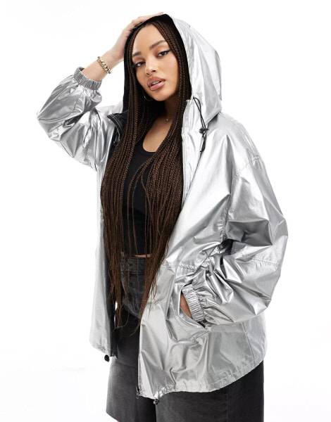 ASOS DESIGN Curve metallic rain bomber jacket in silver