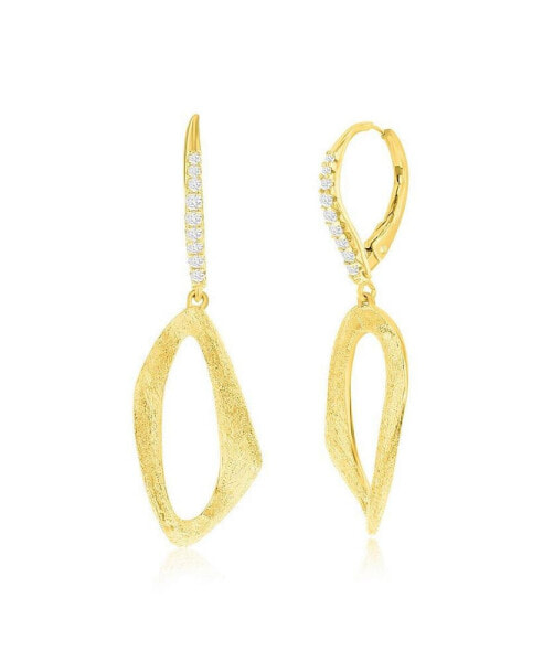 Gold Plated Over Sterling Silver Oval Twist Brushed CZ Earrings