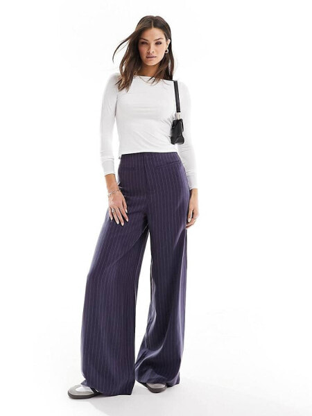 ASOS DESIGN Tall high waisted wide leg trouser trouser with raw edge detail in navy stripe