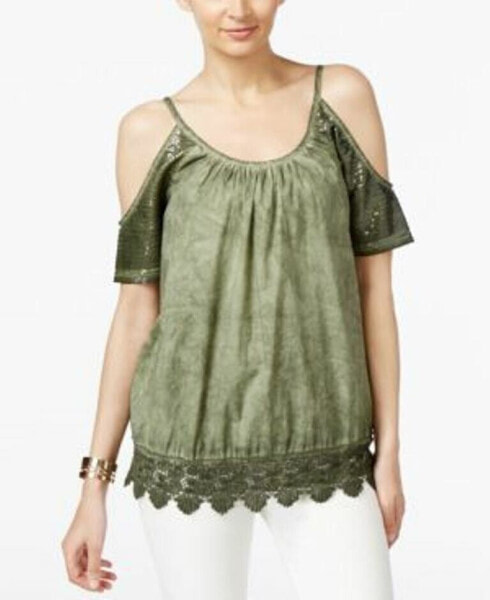 Marled Women's Sequin Cold Shoulder Top Green S